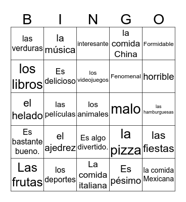 Describing Things Bingo Card