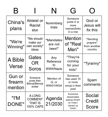 Pat King Comments Bingo Card