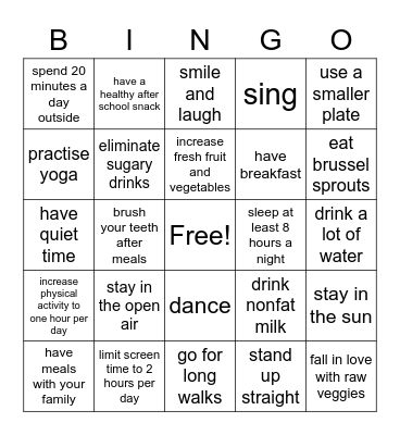 Healthy Life Bingo Card