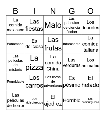 Describing things Bingo Card