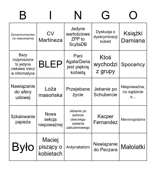 Niepoważne Bingo Card