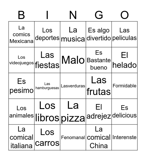 Describing things Bingo Card