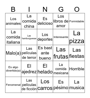 Describing Things Bingo Card