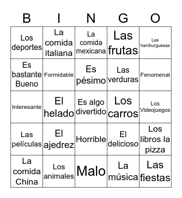 Describing things Bingo Card