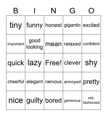Adjective Bingo Card