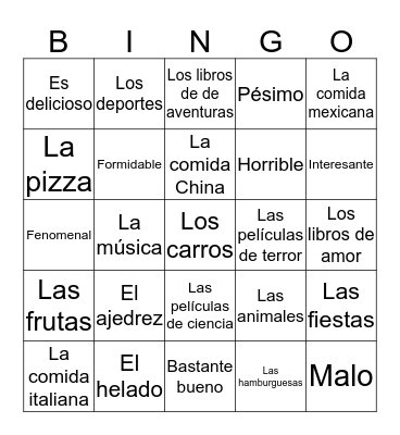 Describing Things Bingo Card