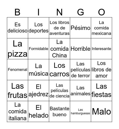 Describing Things Bingo Card