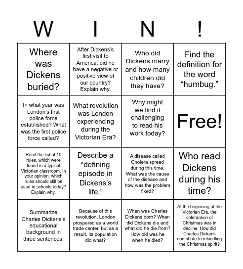 Charles Dickens Webquest Bingo Card