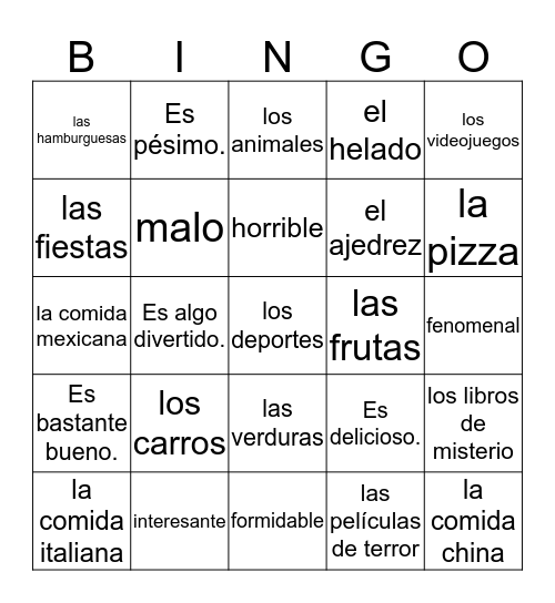 Describing things  Bingo Card