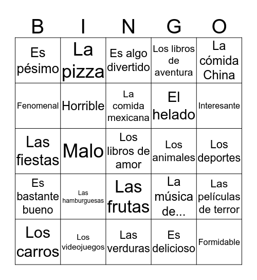 Describing things  Bingo Card