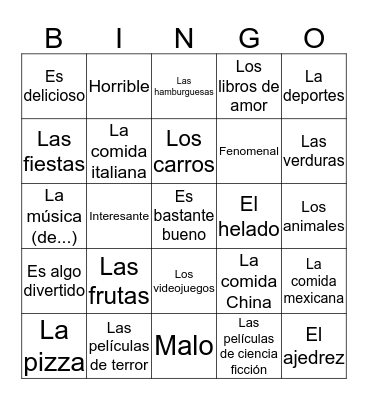 Describing Things Bingo Card