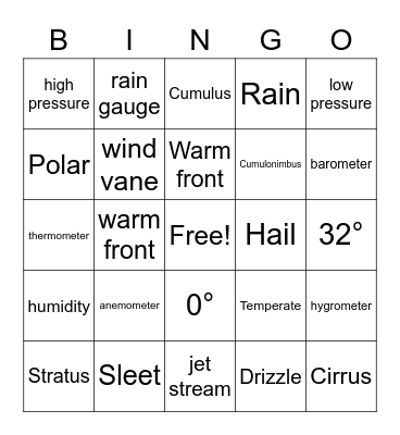 Weather Vocabulary Bingo Card