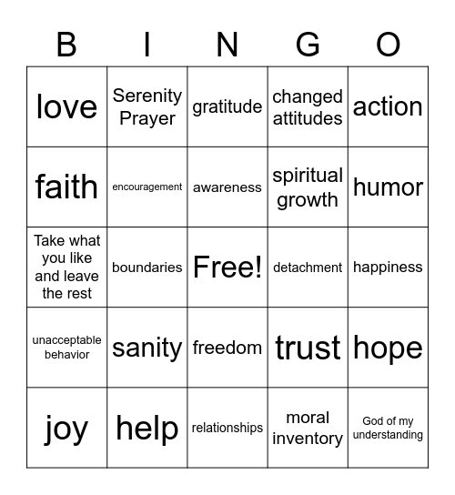 Alanon Recovery Bingo Card