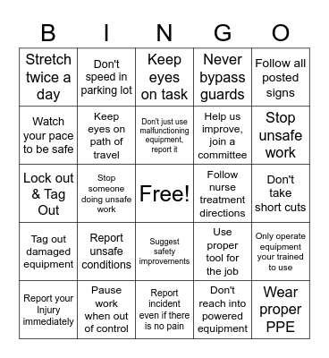 Safety Bingo Card