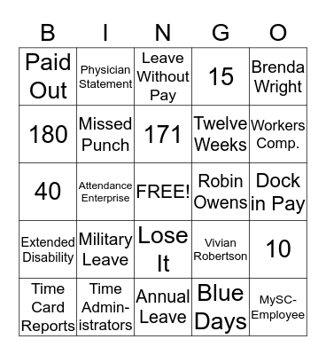 TIME AND LEAVE Bingo Card