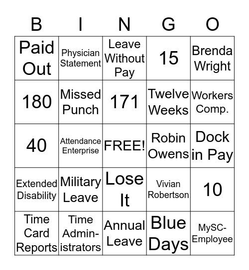 TIME AND LEAVE Bingo Card