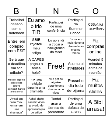 Confra USES 2021 Bingo Card