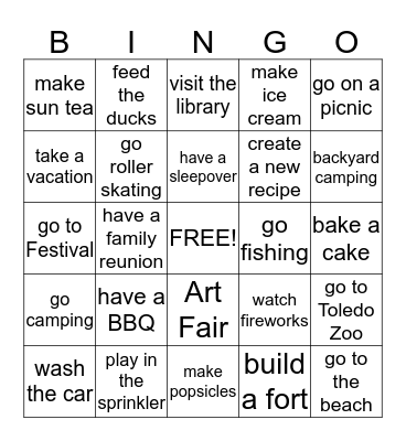 Summer Fun Bingo Card
