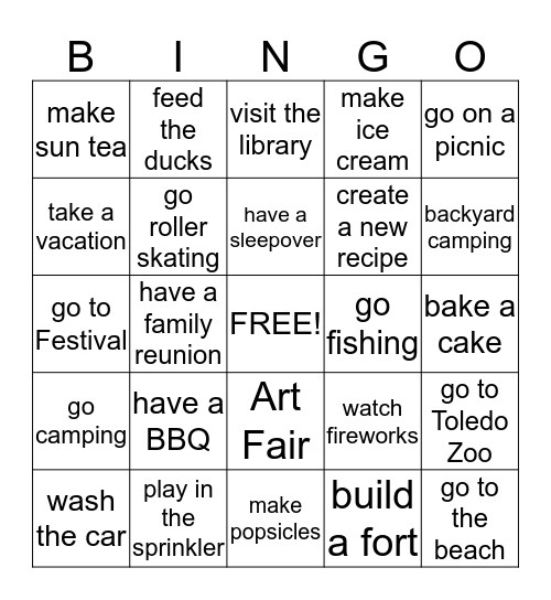 Summer Fun Bingo Card