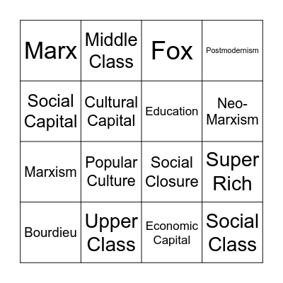 Social Class Bingo Card