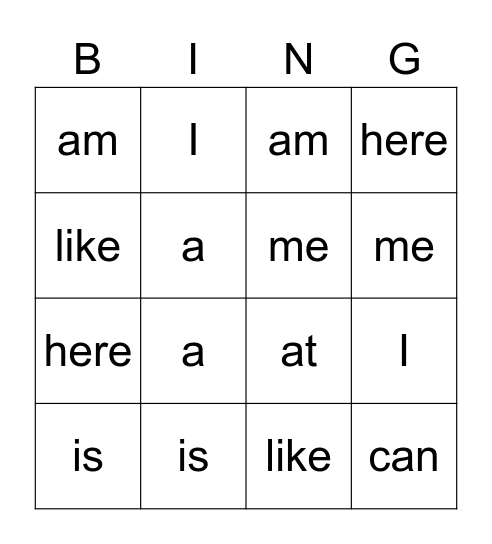 Kindergarten Snap Words Bingo Card