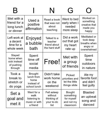 Teacher Self-Care Bingo Card