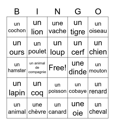 Animals Bingo Card