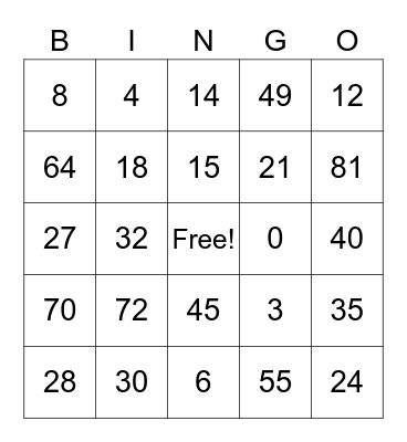 Multiplication Bingo Card