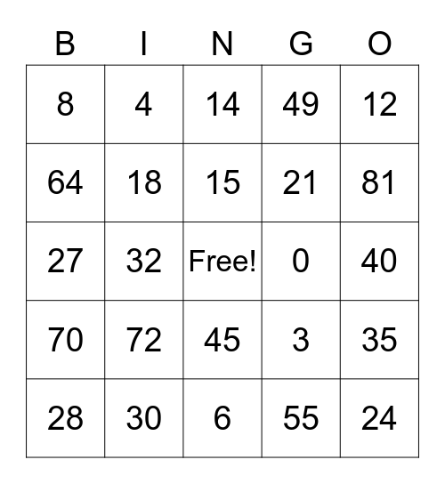 Multiplication Bingo Card