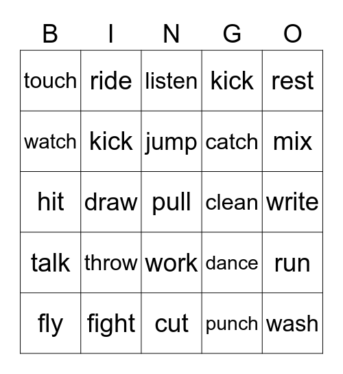 Action Words Bingo Card