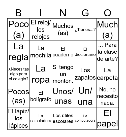 Saying what you have and need  Bingo Card