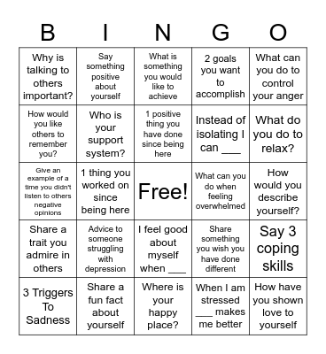 Mental Health Bingo Card