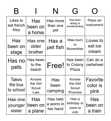 Brownie Troop 38317 Bingo Card