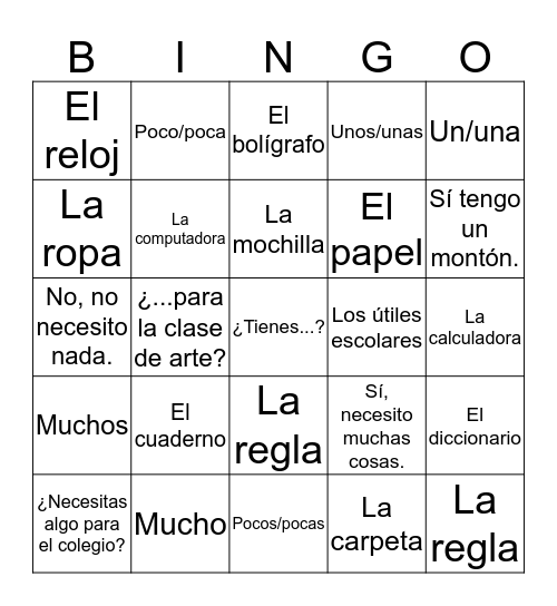 Saying what you have and need Bingo Card