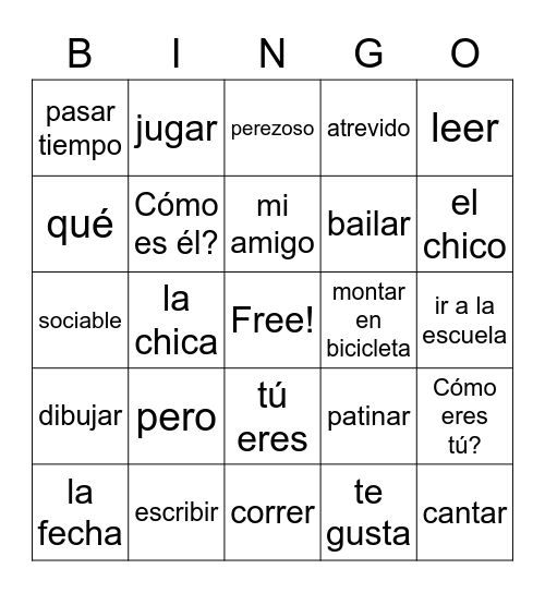 Realidades 1A and 1B Bingo Card