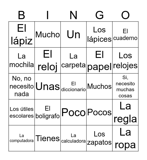 Saying what you have and need  Bingo Card