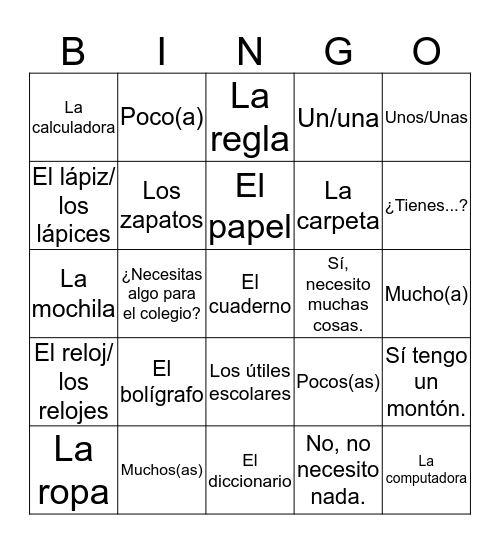 Saying What You Have and Need Bingo Card