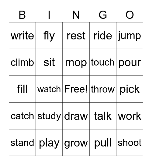 Action Words Bingo Card