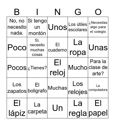 Saying what you have and need Bingo Card