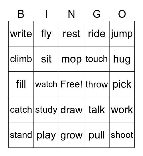 Action Words Bingo Card