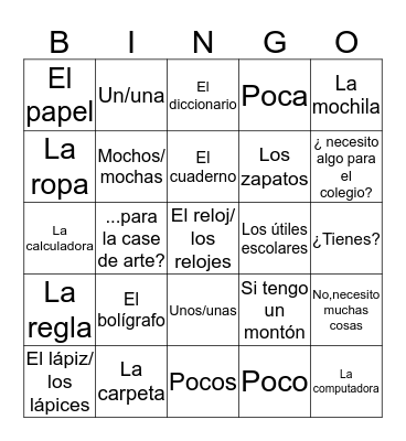 Saying what you have and need Bingo Card