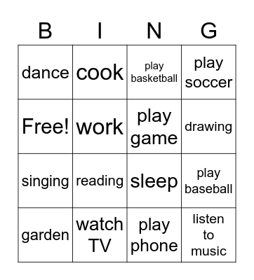 activities Bingo Card