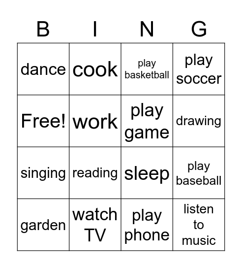 activities Bingo Card