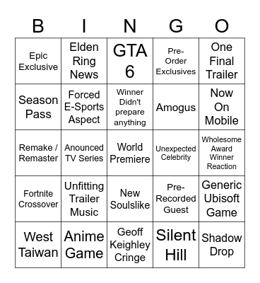 Game Awards Bingo Card