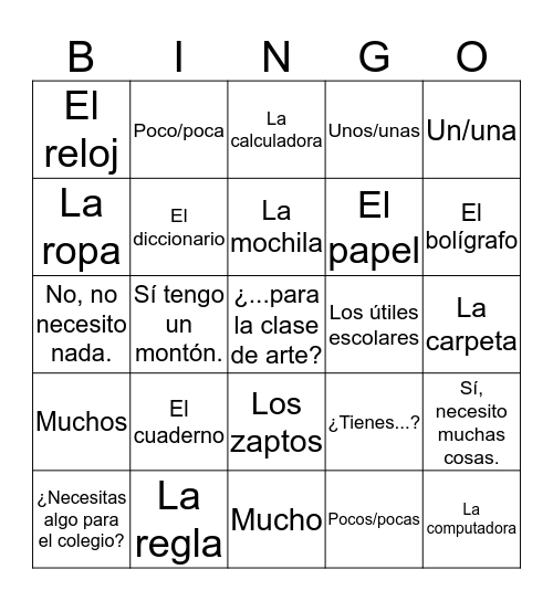 Saying what you have and need Bingo Card