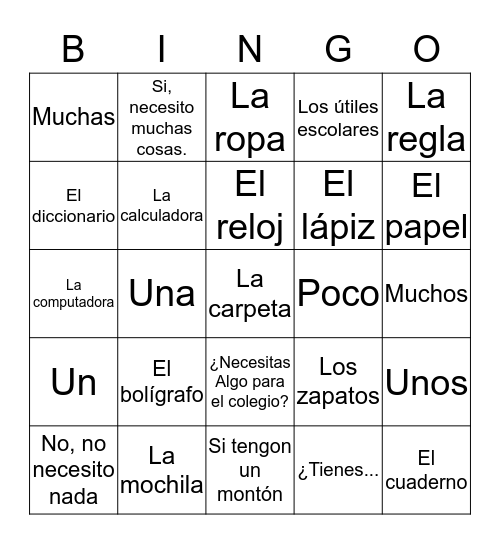 Saying what you have and need Bingo Card