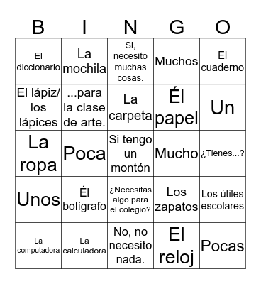 Saying what you have and need Bingo Card