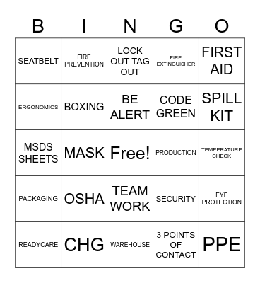 Safety Bingo Card