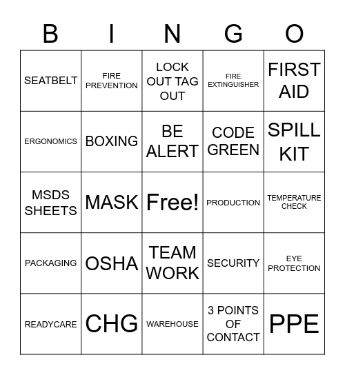 Safety Bingo Card