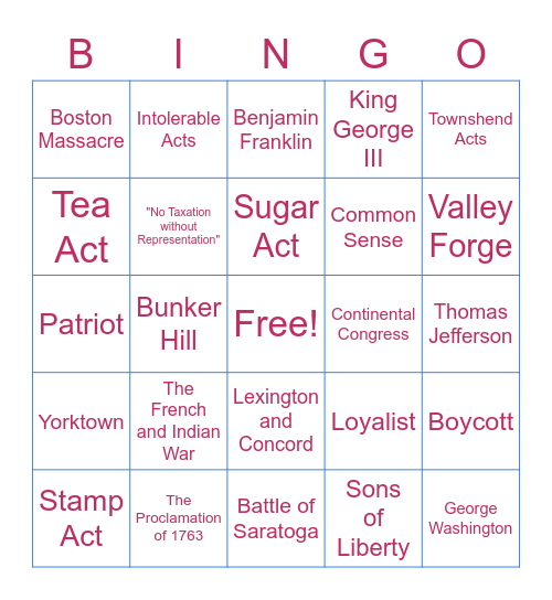 American Revolution Bingo Card